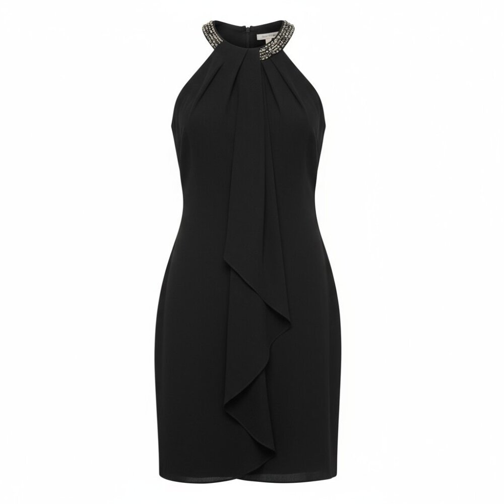 SLNY Women's Size 14 Black Bead Braided Halter Cascade Chiffon Midi Dress